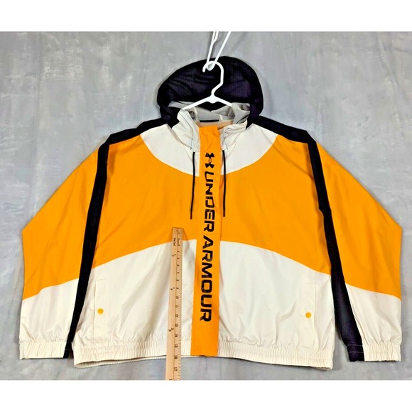 Under Armour RUSH‎ Jacket Womens XXL Yellow Woven Full Zip Colorblock Hooded - Picture 1 of 15